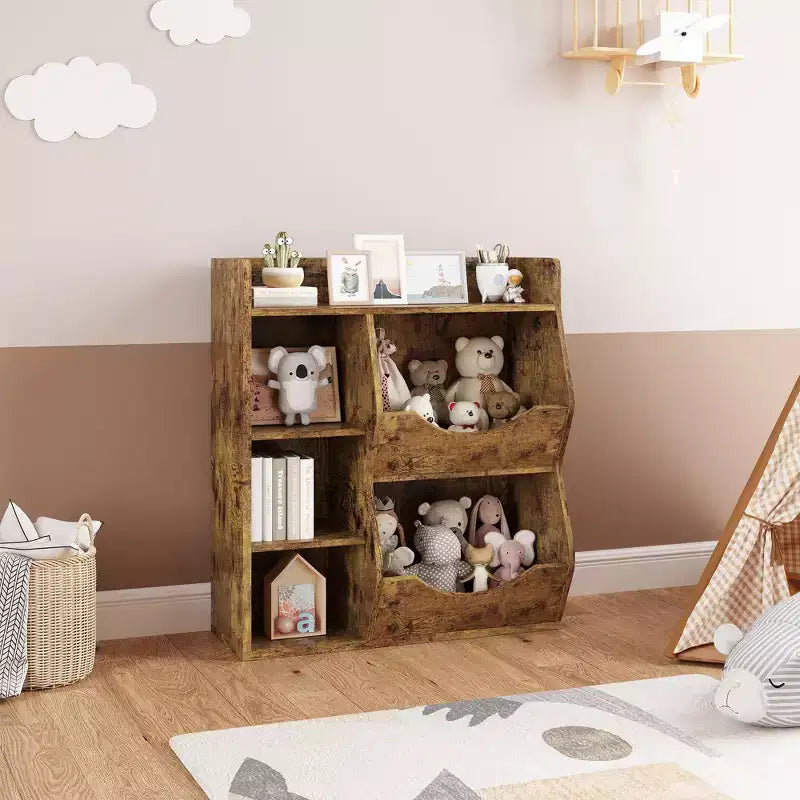 Kids 3-Tier Toy Storage Organizer Kids Bookshelf Double Sided Tray- 5 Compartment Bookshelf and Toy Shelf for Bedroom, Living Room, and Kindergarten
