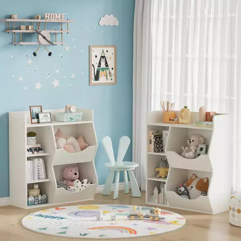 Kids 3-Tier Toy Storage Organizer Kids Bookshelf Double Sided Tray- 5 Compartment Bookshelf and Toy Shelf for Bedroom, Living Room, and Kindergarten