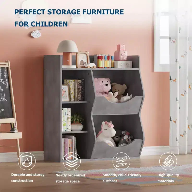 Kids 3-Tier Toy Storage Organizer Kids Bookshelf Double Sided Tray- 5 Compartment Bookshelf and Toy Shelf for Bedroom, Living Room, and Kindergarten