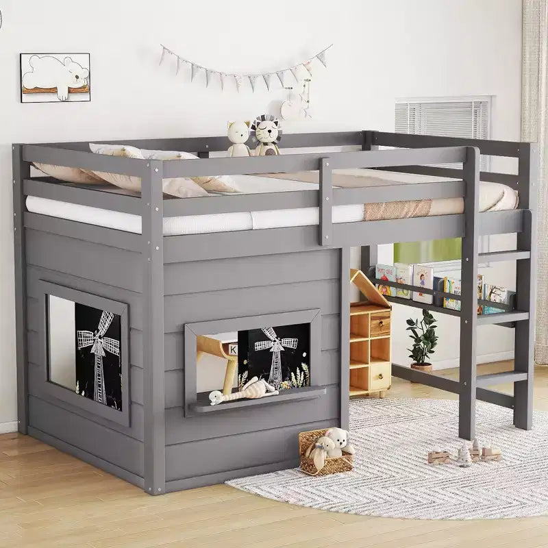 TUYOHW Kids Loft House Bed with Chalkboard,Twin/Full Wood Bed Frame with Play Space & Built-in Bookshelf,Pine Wood Cabin-Style Bunk for Boys,Girls