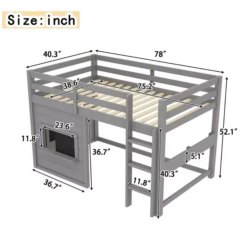 TUYOHW Kids Loft House Bed with Chalkboard,Twin/Full Wood Bed Frame with Play Space & Built-in Bookshelf,Pine Wood Cabin-Style Bunk for Boys,Girls