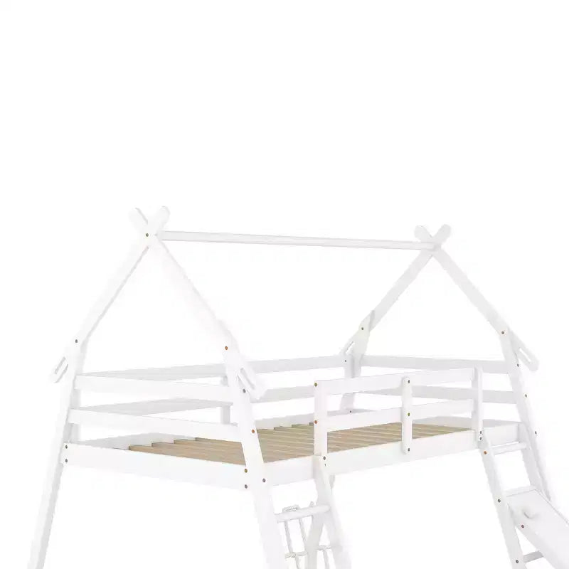 TUYOHW Twin Over Queen House Bunk Bed with Climbing Nets and Climbing Ramp,Wood Bunk Bed Frame with Safety Guardrail for Kids Teens