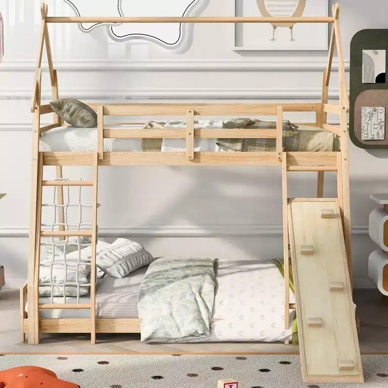 TUYOHW Twin Over Queen House Bunk Bed with Climbing Nets and Climbing Ramp,Wood Bunk Bed Frame with Safety Guardrail for Kids Teens