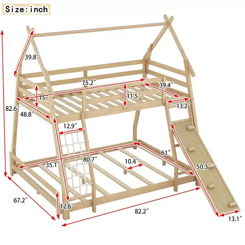 TUYOHW Twin Over Queen House Bunk Bed with Climbing Nets and Climbing Ramp,Wood Bunk Bed Frame with Safety Guardrail for Kids Teens