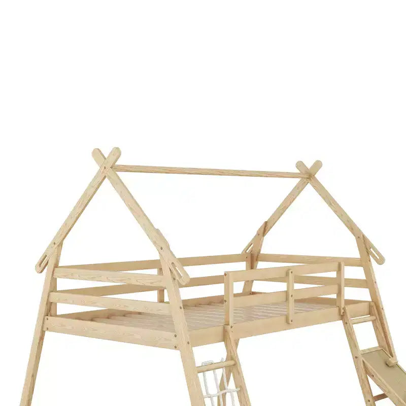 TUYOHW Twin Over Queen House Bunk Bed with Climbing Nets and Climbing Ramp,Wood Bunk Bed Frame with Safety Guardrail for Kids Teens