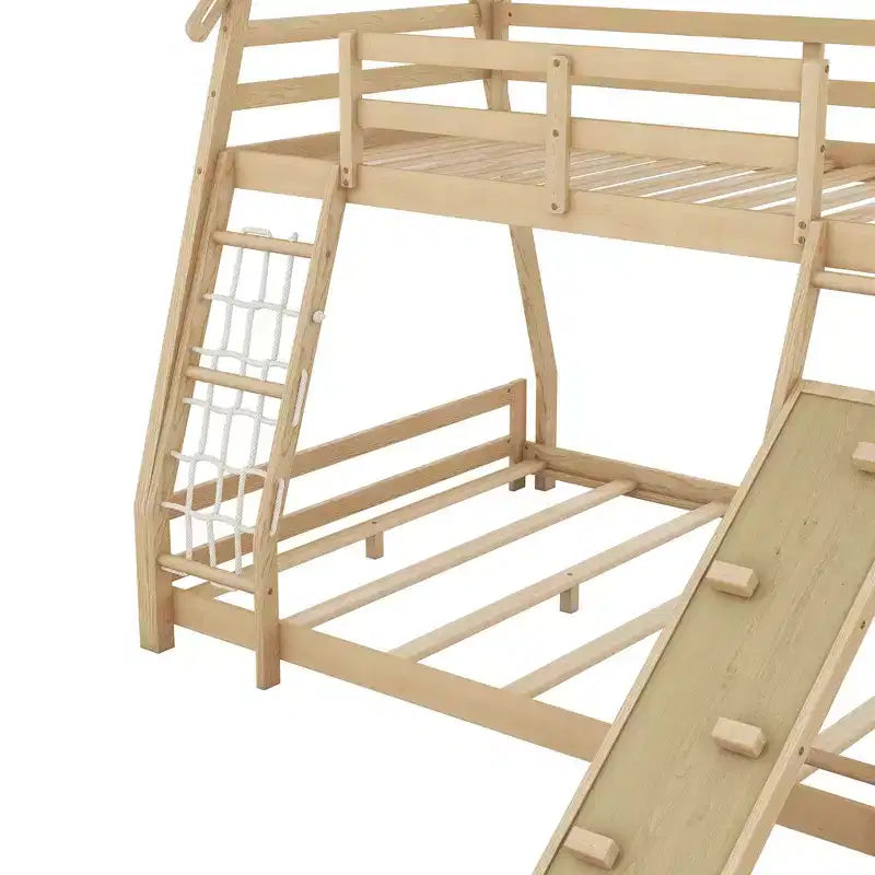 TUYOHW Twin Over Queen House Bunk Bed with Climbing Nets and Climbing Ramp,Wood Bunk Bed Frame with Safety Guardrail for Kids Teens