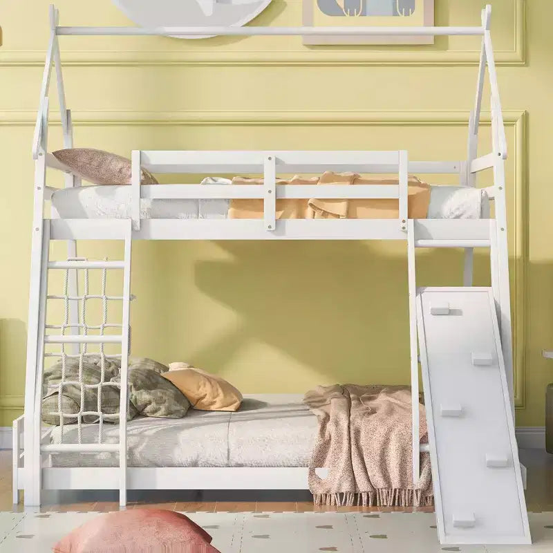TUYOHW Twin Over Queen House Bunk Bed with Climbing Nets and Climbing Ramp,Wood Bunk Bed Frame with Safety Guardrail for Kids Teens