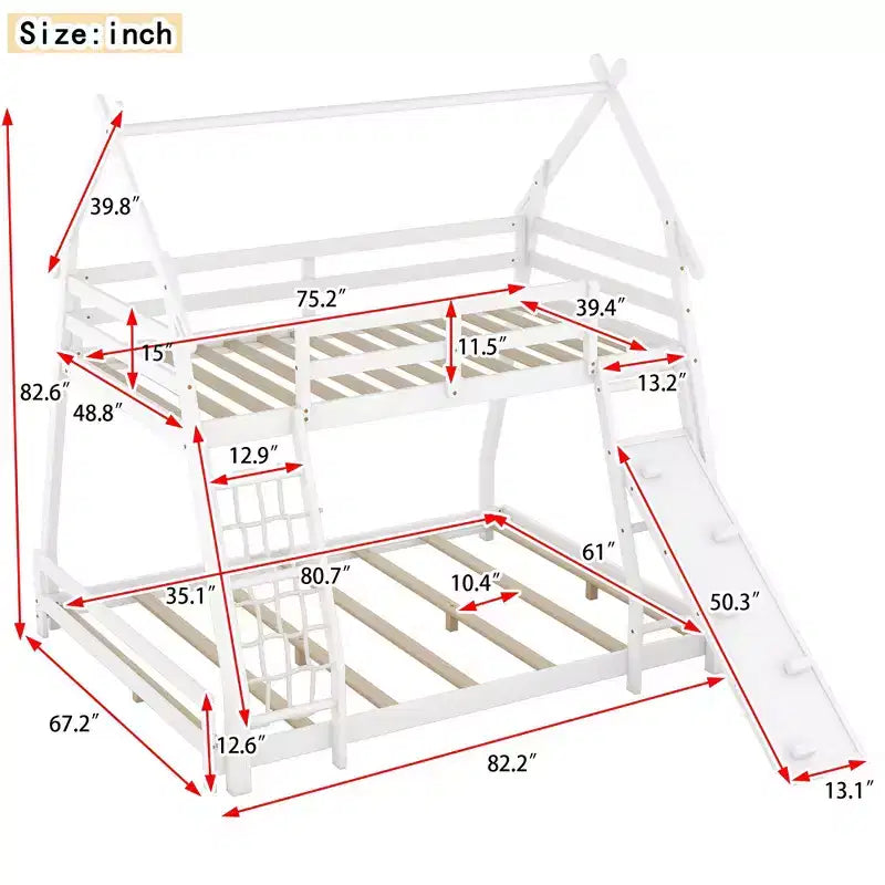 TUYOHW Twin Over Queen House Bunk Bed with Climbing Nets and Climbing Ramp,Wood Bunk Bed Frame with Safety Guardrail for Kids Teens