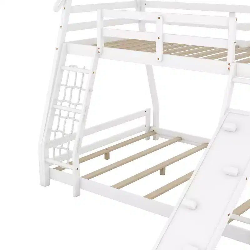 TUYOHW Twin Over Queen House Bunk Bed with Climbing Nets and Climbing Ramp,Wood Bunk Bed Frame with Safety Guardrail for Kids Teens