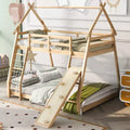 TUYOHW Twin Over Queen House Bunk Bed with Climbing Nets and Climbing Ramp,Wood Bunk Bed Frame with Safety Guardrail for Kids Teens