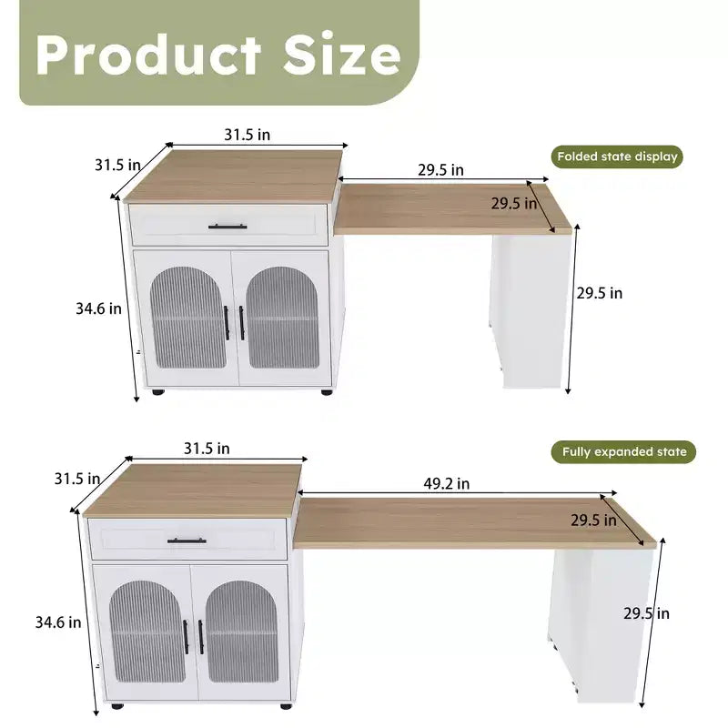 JVNOXK80-inch Expandable Mobile Cart Kitchen Island with Dining Table, 2 Drawers, Solid Wood Grain Countertop with Power Outlet, White