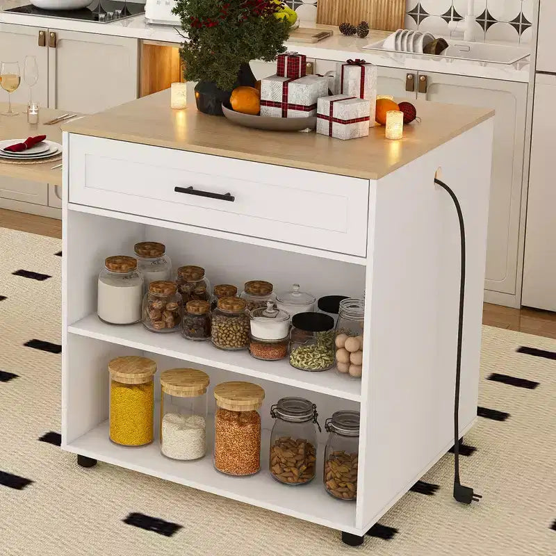 JVNOXK80-inch Expandable Mobile Cart Kitchen Island with Dining Table, 2 Drawers, Solid Wood Grain Countertop with Power Outlet, White