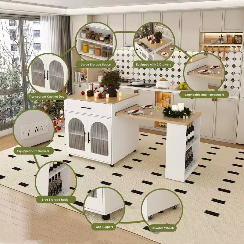 JVNOXK80-inch Expandable Mobile Cart Kitchen Island with Dining Table, 2 Drawers, Solid Wood Grain Countertop with Power Outlet, White