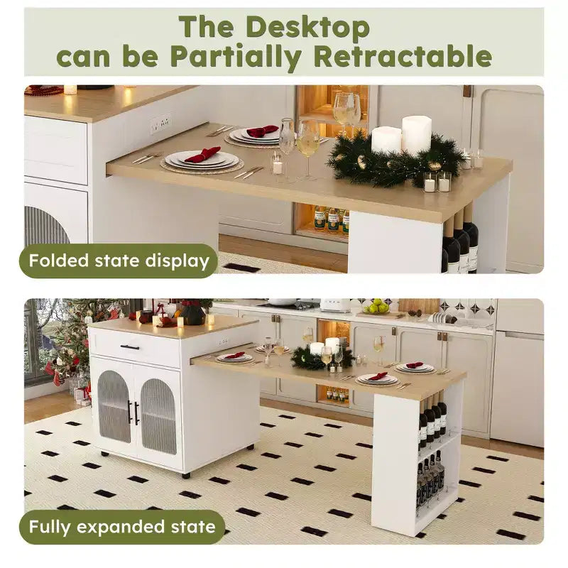 JVNOXK80-inch Expandable Mobile Cart Kitchen Island with Dining Table, 2 Drawers, Solid Wood Grain Countertop with Power Outlet, White