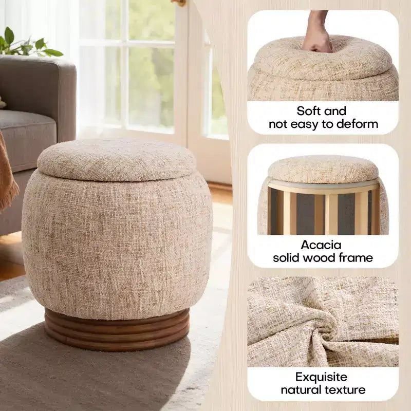 Bekrvio Round Storage Ottoman with Flip-Top Lid,Lambswool/Chenille Upholstered Footrest w/ Solid Acacia Wood Frame(500 lb),Living Room Accent Ottoman