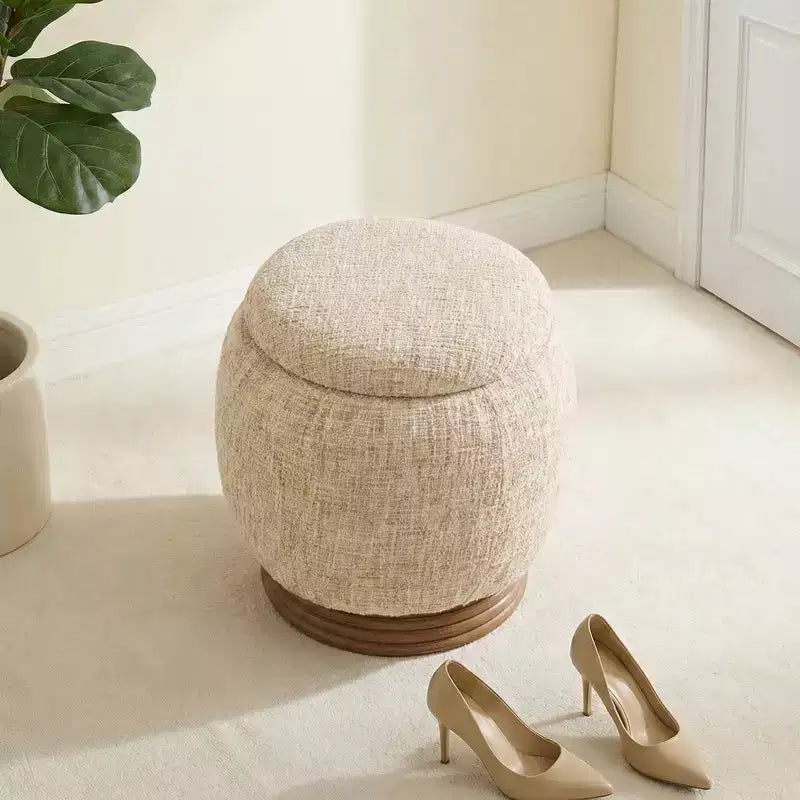 Bekrvio Round Storage Ottoman with Flip-Top Lid,Lambswool/Chenille Upholstered Footrest w/ Solid Acacia Wood Frame(500 lb),Living Room Accent Ottoman