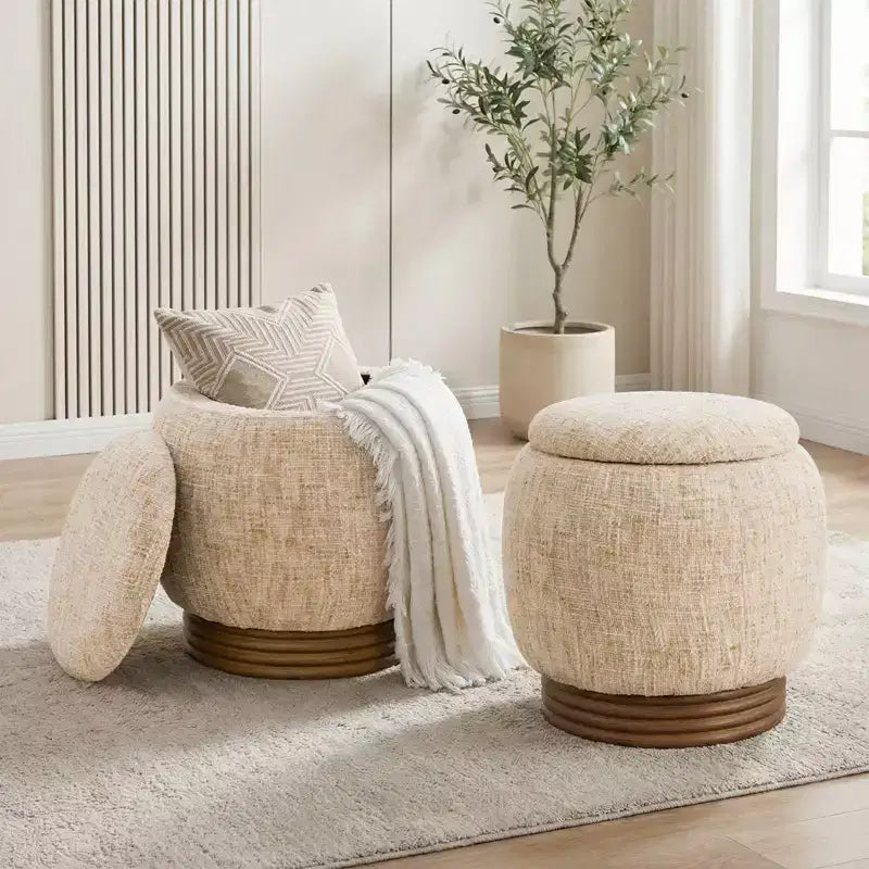Bekrvio Round Storage Ottoman with Flip-Top Lid,Lambswool/Chenille Upholstered Footrest w/ Solid Acacia Wood Frame(500 lb),Living Room Accent Ottoman