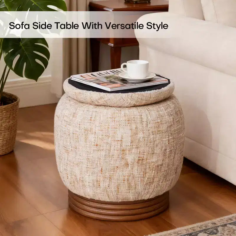 Bekrvio Round Storage Ottoman with Flip-Top Lid,Lambswool/Chenille Upholstered Footrest w/ Solid Acacia Wood Frame(500 lb),Living Room Accent Ottoman