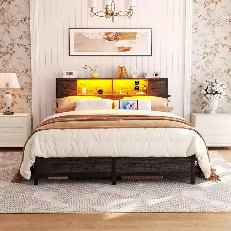 Besiost Bed Frame with Storage Headboard, Bedframe with Charging Station and LED Light