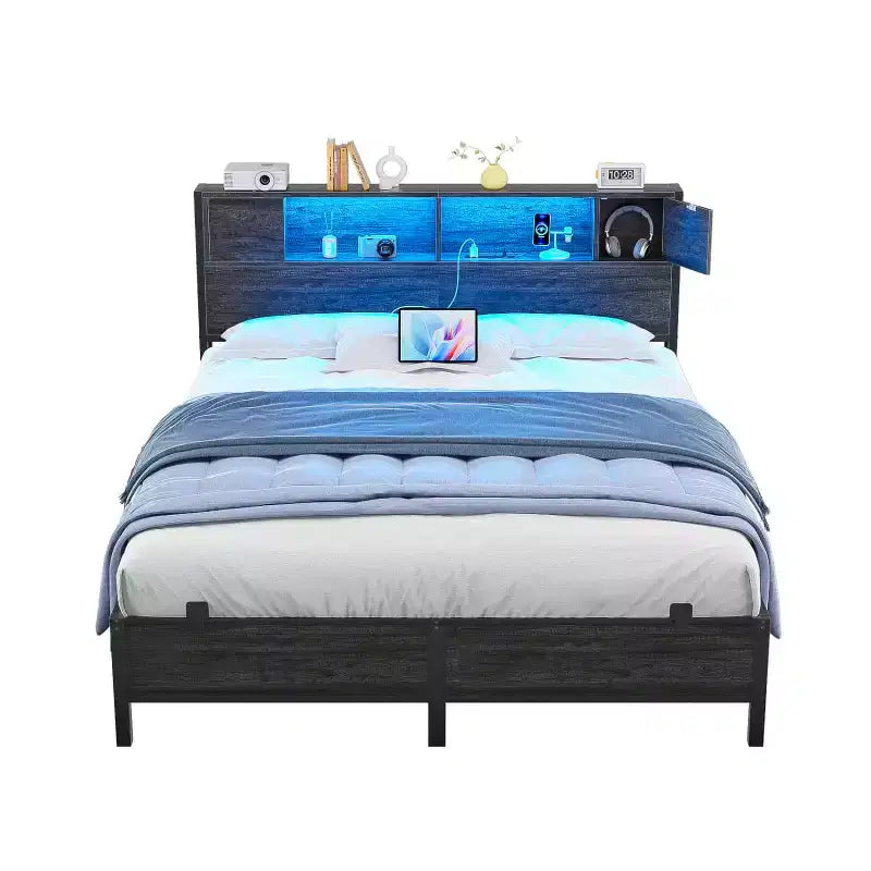 Besiost Bed Frame with Storage Headboard, Bedframe with Charging Station and LED Light