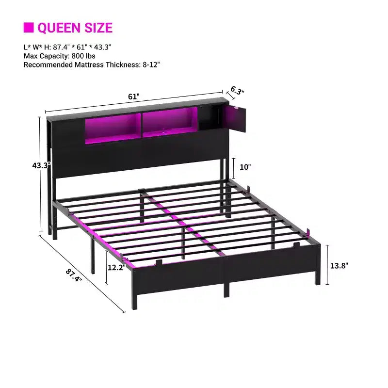 Besiost Bed Frame with Storage Headboard, Bedframe with Charging Station and LED Light