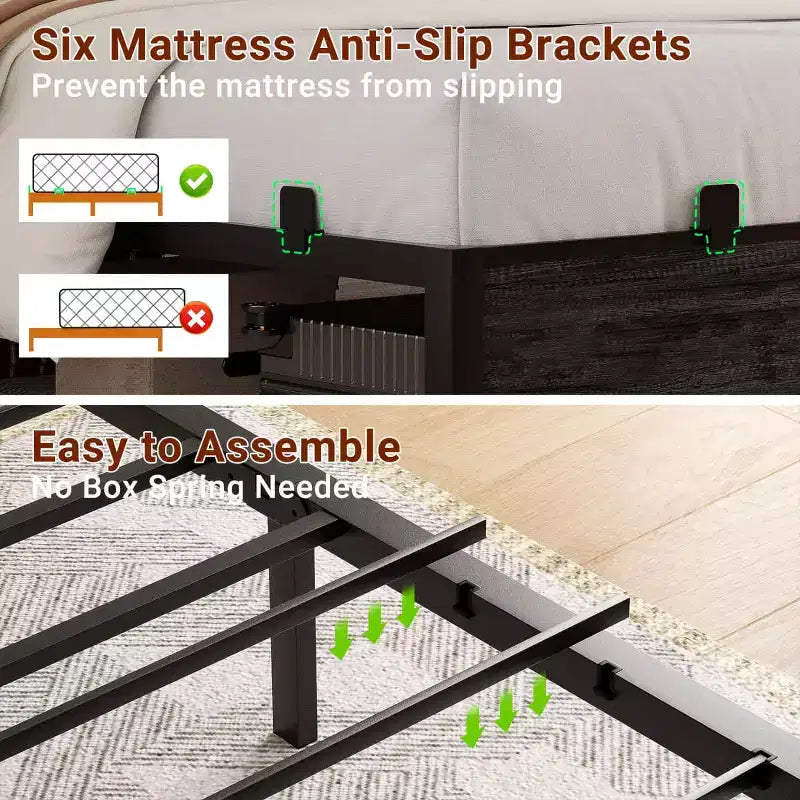 Besiost Bed Frame with Storage Headboard, Bedframe with Charging Station and LED Light
