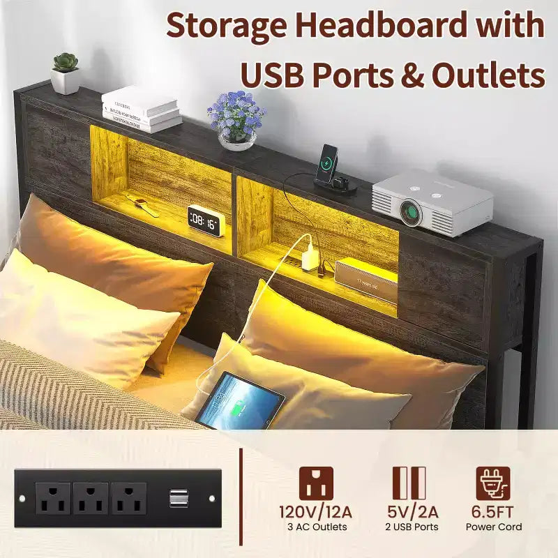 Besiost Bed Frame with Storage Headboard, Bedframe with Charging Station and LED Light
