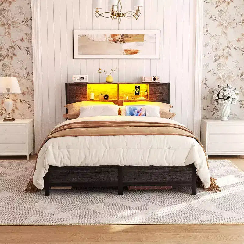 Besiost Bed Frame with Storage Headboard, Bedframe with Charging Station and LED Light
