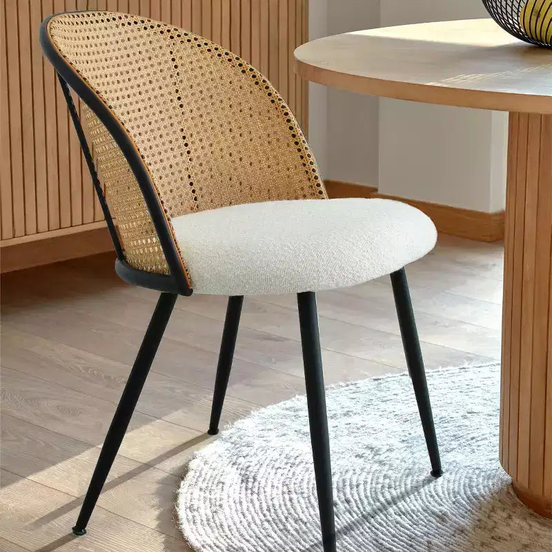 Rattan Dining Chairs Set of 4, Modern Upholstered Armless Kitchen Side Chair with Woven Cane Back, White Boucl Seat & Black Metal Legs - Panipeachy