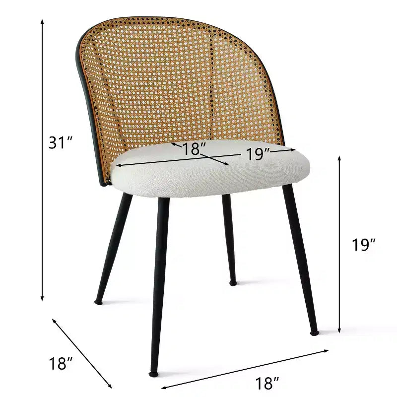 Rattan Dining Chairs Set of 4, Modern Upholstered Armless Kitchen Side Chair with Woven Cane Back, White Boucl Seat & Black Metal Legs - Panipeachy