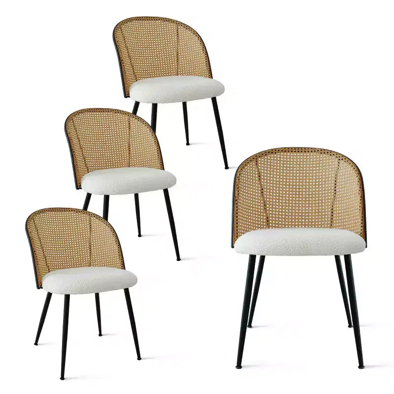 Rattan Dining Chairs Set of 4, Modern Upholstered Armless Kitchen Side Chair with Woven Cane Back, White Boucl Seat & Black Metal Legs - Panipeachy