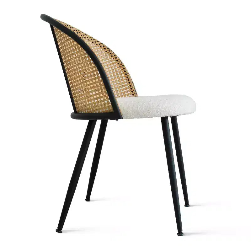 Rattan Dining Chairs Set of 4, Modern Upholstered Armless Kitchen Side Chair with Woven Cane Back, White Boucl Seat & Black Metal Legs - Panipeachy