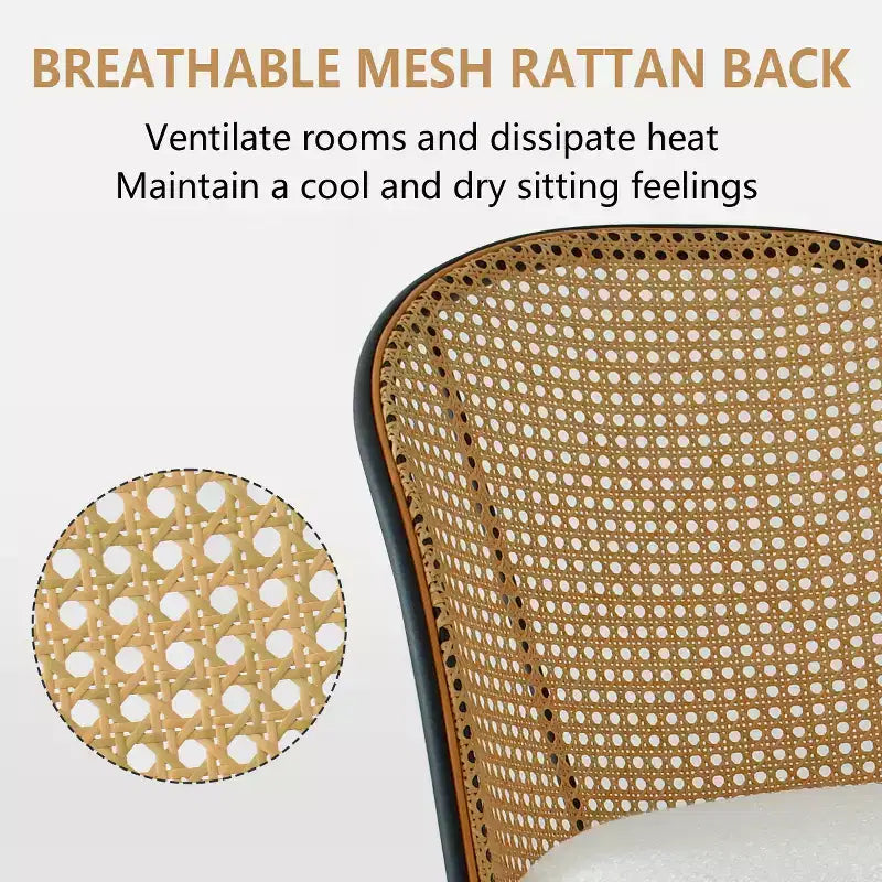 Rattan Dining Chairs Set of 4, Modern Upholstered Armless Kitchen Side Chair with Woven Cane Back, White Boucl Seat & Black Metal Legs - Panipeachy