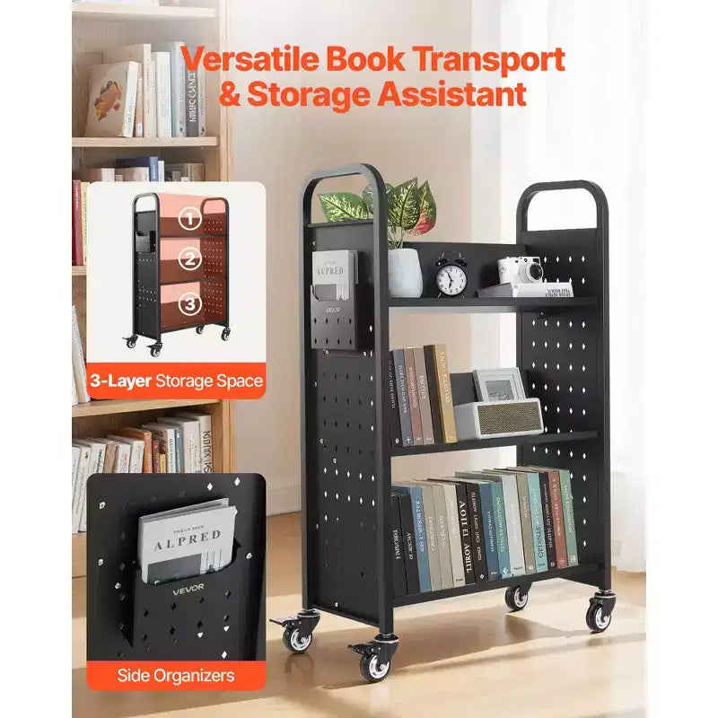 Rolling Library Book Cart with V-Shaped 3-Tier Shelves, 330 lbs Capacity & Lockable Wheels