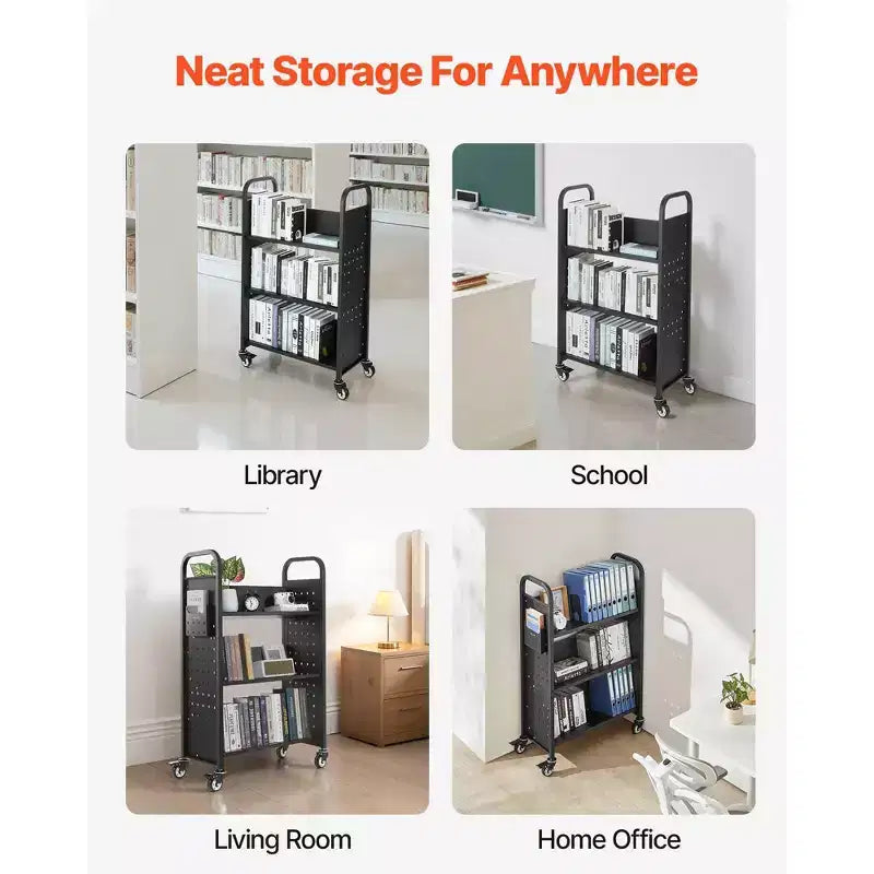 Rolling Library Book Cart with V-Shaped 3-Tier Shelves, 330 lbs Capacity & Lockable Wheels