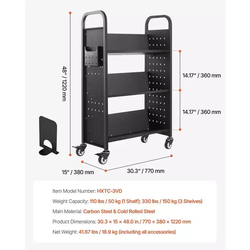 Rolling Library Book Cart with V-Shaped 3-Tier Shelves, 330 lbs Capacity & Lockable Wheels