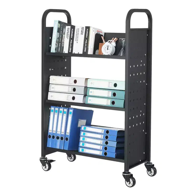 Rolling Library Book Cart with V-Shaped 3-Tier Shelves, 330 lbs Capacity & Lockable Wheels