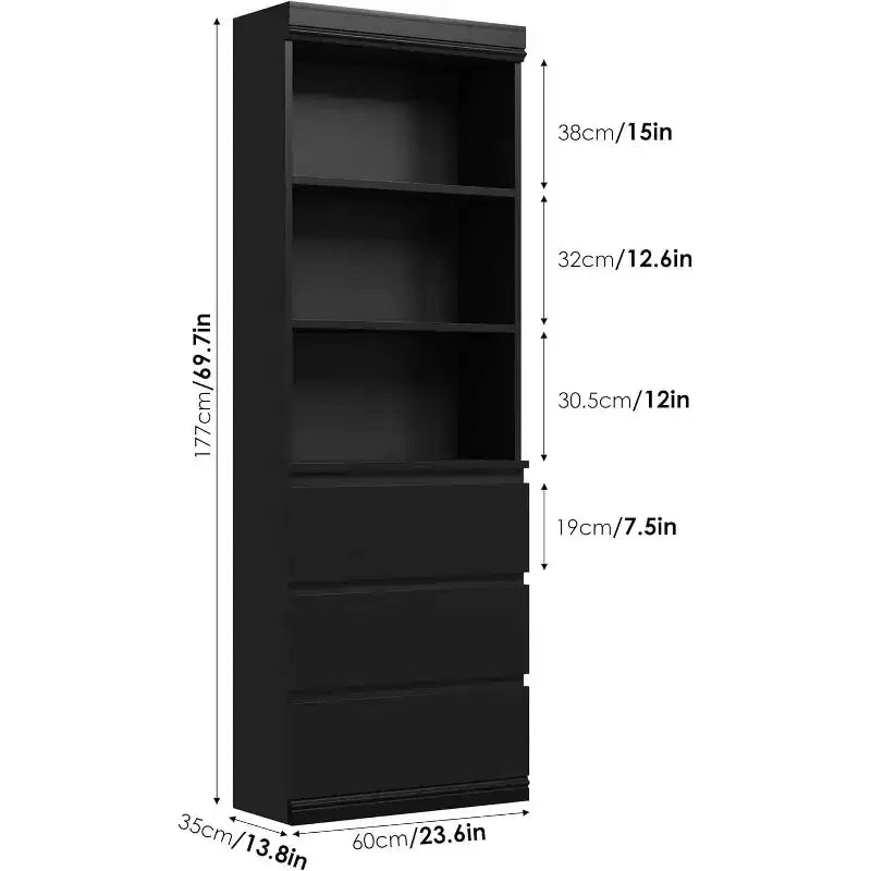 Acekool 70 Tall Bookcase with Drawers, Modern Deep Wood Shelf Cabinet for Home Office or Kitchen
