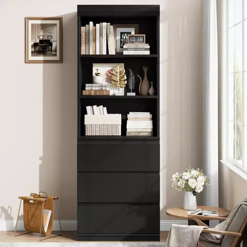 Acekool 70 Tall Bookcase with Drawers, Modern Deep Wood Shelf Cabinet for Home Office or Kitchen