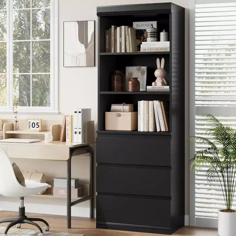 Acekool 70 Tall Bookcase with Drawers, Modern Deep Wood Shelf Cabinet for Home Office or Kitchen
