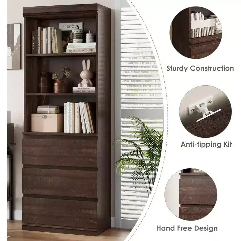 Acekool 70 Tall Bookcase with Drawers, Modern Deep Wood Shelf Cabinet for Home Office or Kitchen