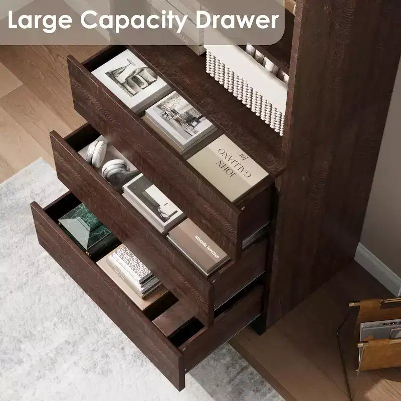 Acekool 70 Tall Bookcase with Drawers, Modern Deep Wood Shelf Cabinet for Home Office or Kitchen