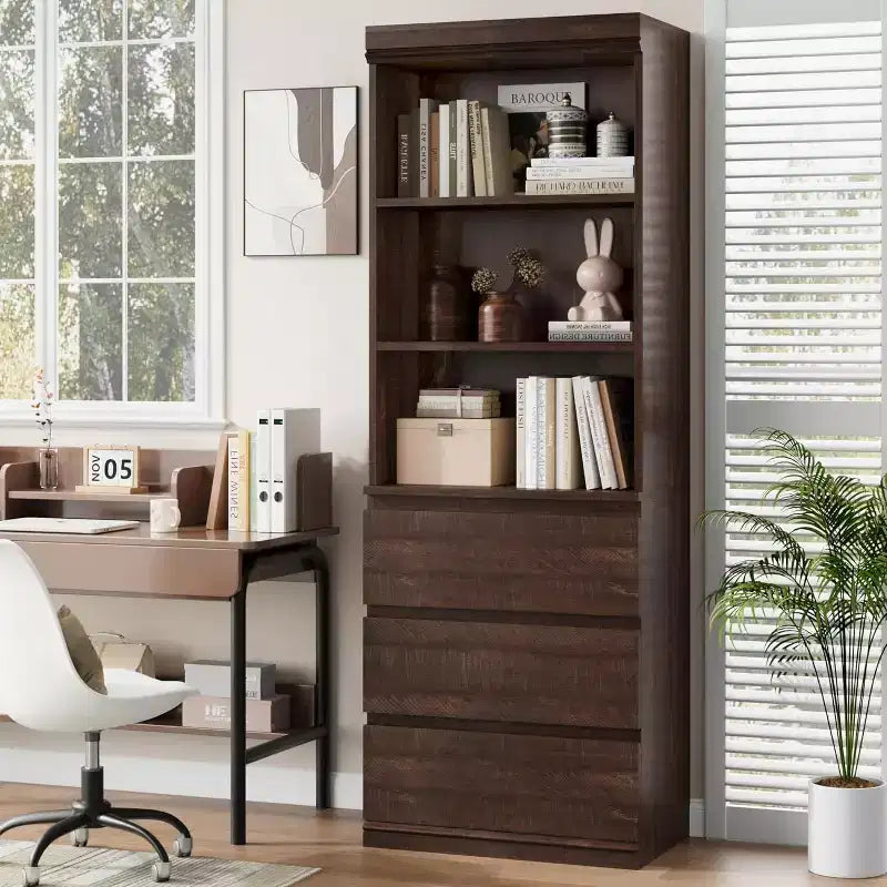 Acekool 70 Tall Bookcase with Drawers, Modern Deep Wood Shelf Cabinet for Home Office or Kitchen