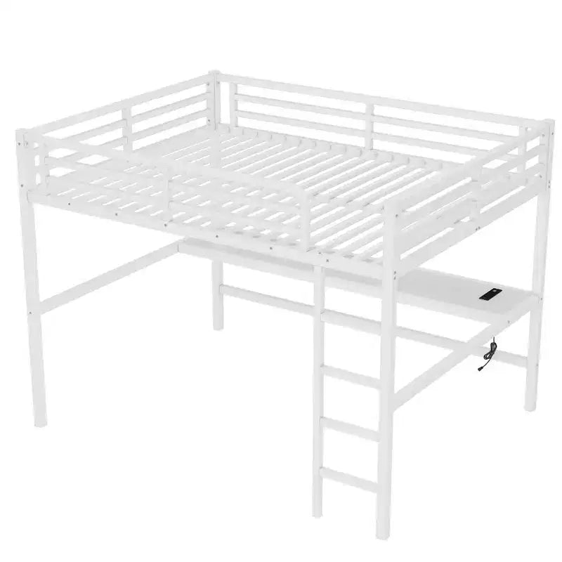 Bellemave Metal Queen Size Loft Bed with Power Outlet and LED Lighted, Space-Saving, Noise Reduced, White