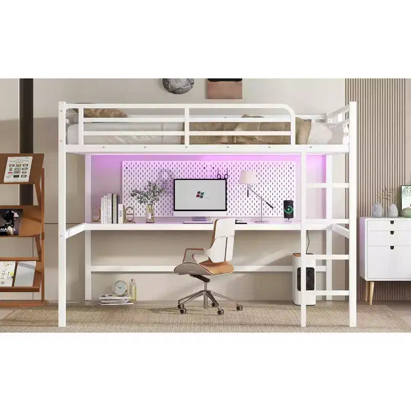 Bellemave Metal Queen Size Loft Bed with Power Outlet and LED Lighted, Space-Saving, Noise Reduced, White
