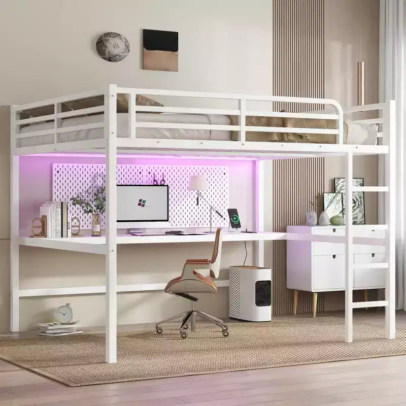 Bellemave Metal Queen Size Loft Bed with Power Outlet and LED Lighted, Space-Saving, Noise Reduced, White