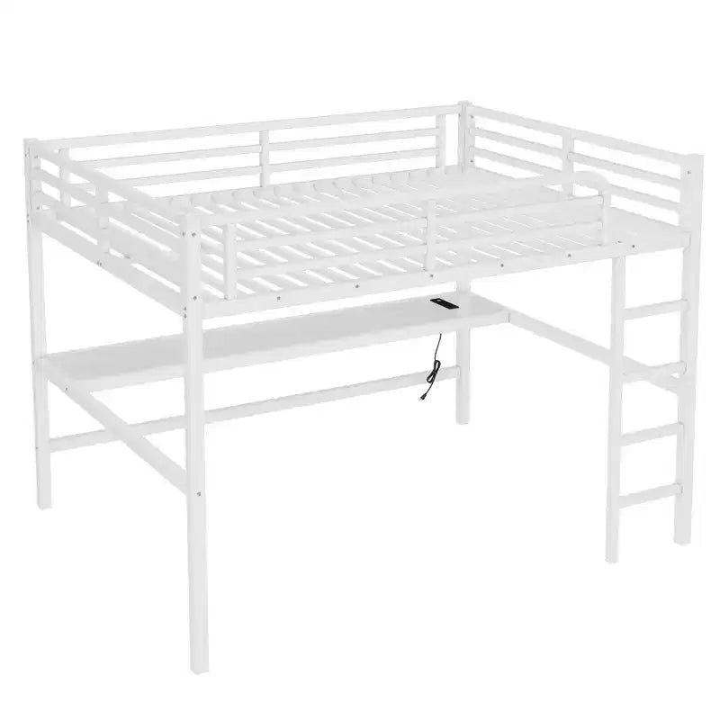 Bellemave Metal Queen Size Loft Bed with Power Outlet and LED Lighted, Space-Saving, Noise Reduced, White
