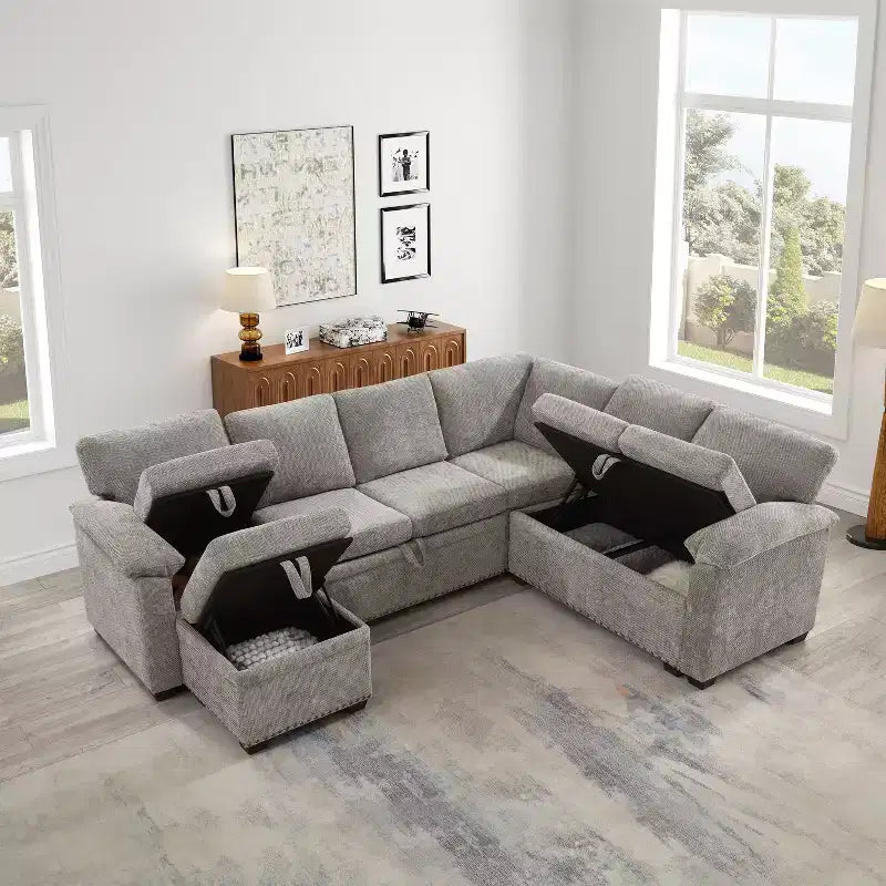 GDFStudio Hysa Modern 97'' L Shaped Chenille Upholstered 7-Seater Sectional Storage Sofa with 1 Ottoman and 2 Pillows