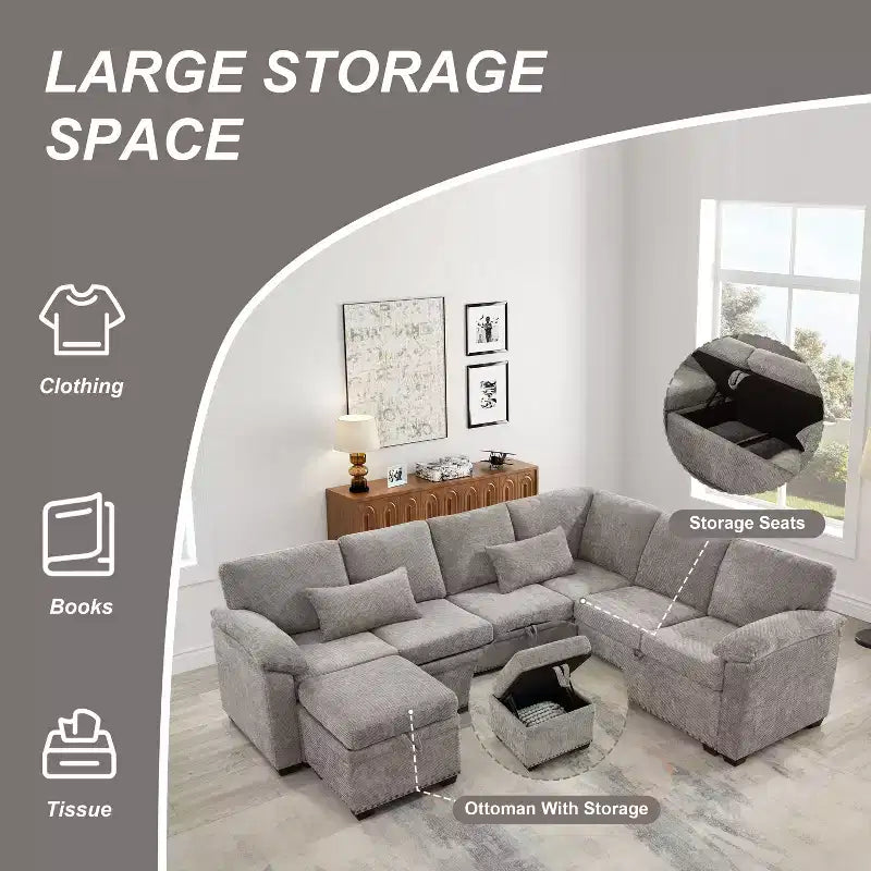 GDFStudio Hysa Modern 97'' L Shaped Chenille Upholstered 7-Seater Sectional Storage Sofa with 1 Ottoman and 2 Pillows