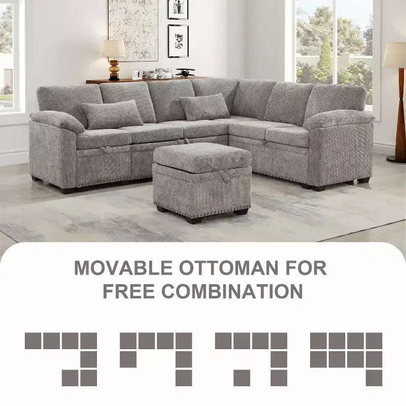 GDFStudio Hysa Modern 97'' L Shaped Chenille Upholstered 7-Seater Sectional Storage Sofa with 1 Ottoman and 2 Pillows